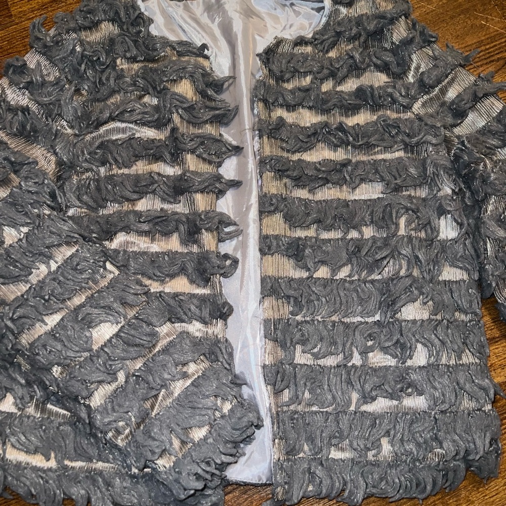 Gray Shaggy Boho Cozy Chic Long Sleeve Lined Open Front Sweater Jacket Size L - Picture 6 of 11